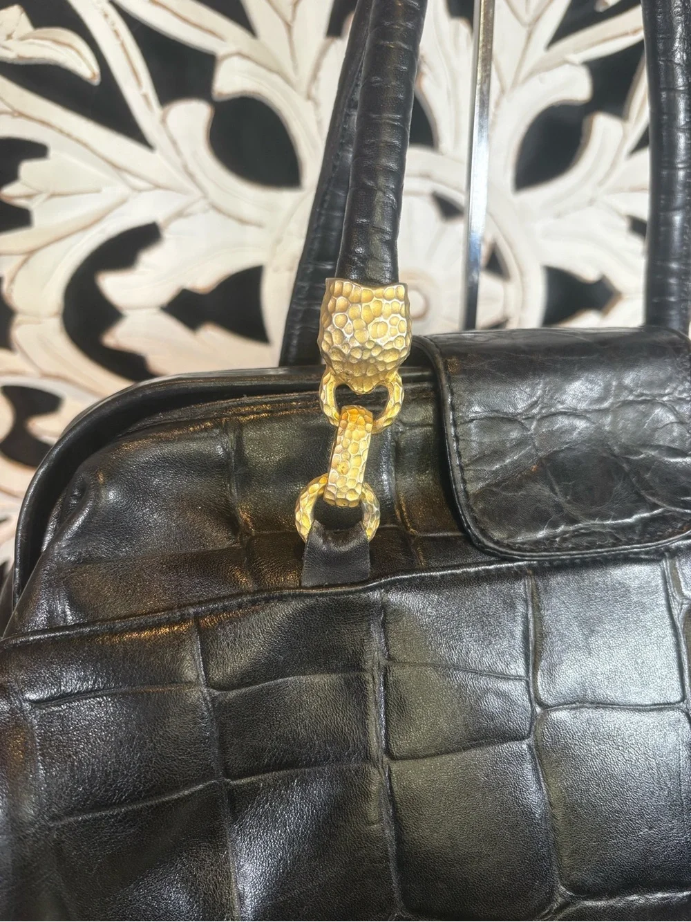Peruzzi VTG Black Croc-Embossed Leather Satchel Handbag Made in Florence Italy